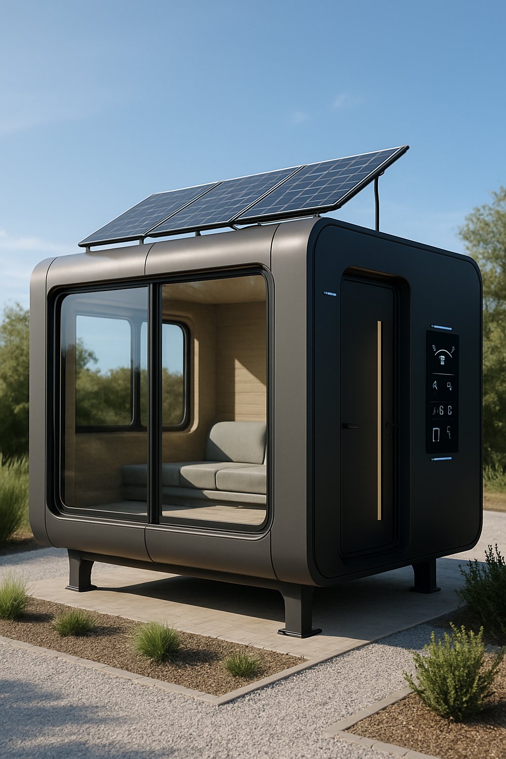 A modern mobile cabin pod container with solar panels and digital control panels, set outdoors with greenery and clear sky.