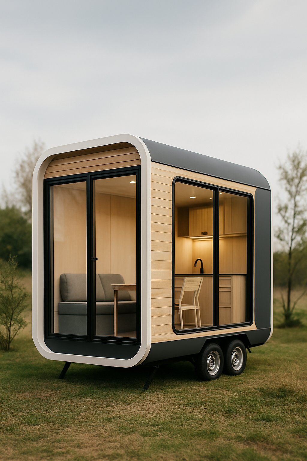 A modern mobile cabin pod container outdoors on grass with large windows and a compact design.