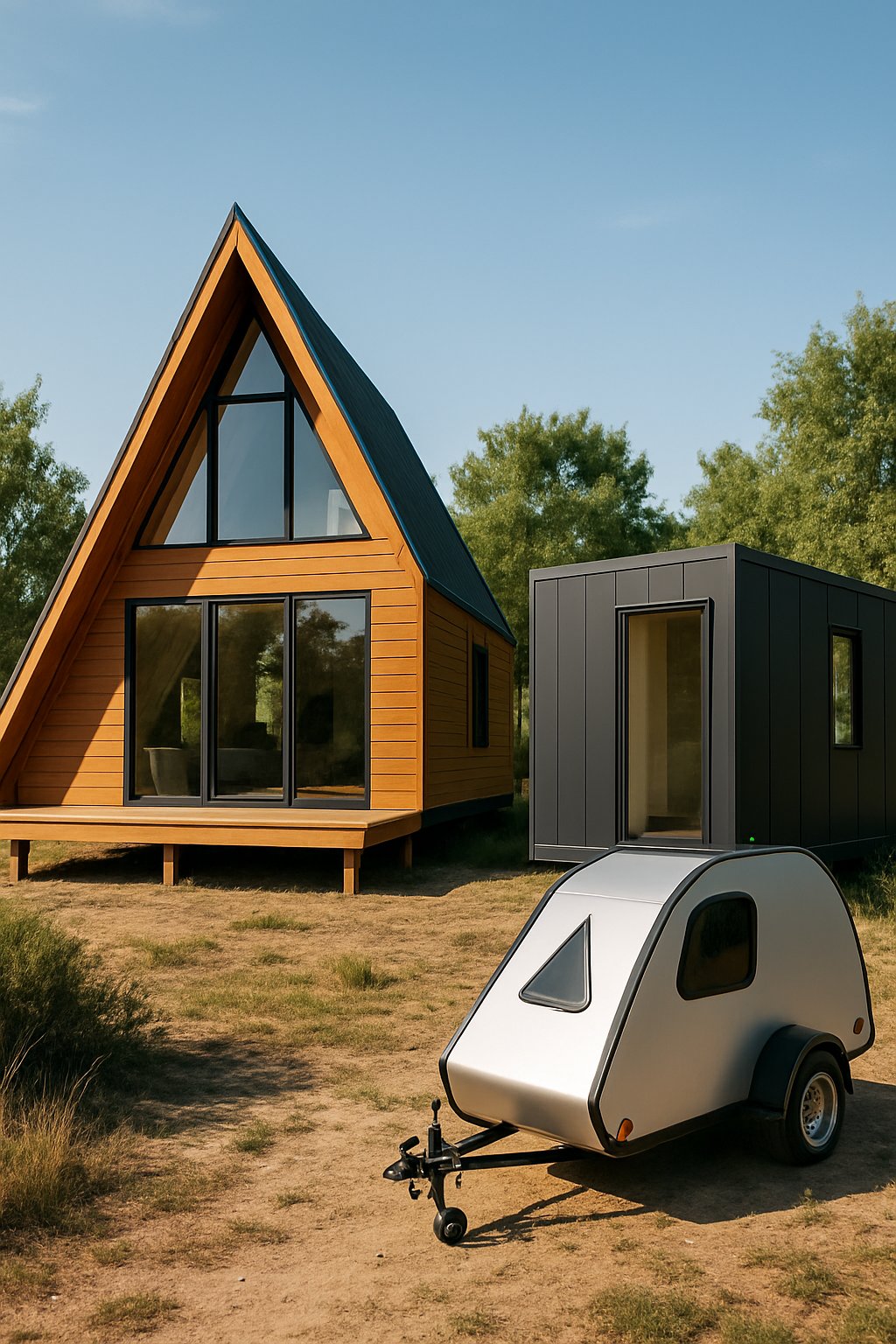 A Frame Wooden Homes Modular Triangle Houses Prefab Mobile Container House Triangle Camper: 7 Innovative Designs 1 A triangular wooden A-frame home, a prefab container house, and a small triangle camper in a green outdoor setting.
