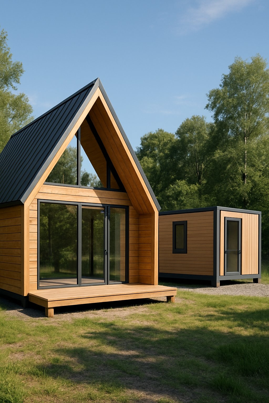 A Frame Wooden Homes Modular Triangle Houses Prefab Mobile Container House Triangle Camper: 7 Innovative Designs 2 A wooden A-frame house and a small modular container home surrounded by trees under a clear sky.