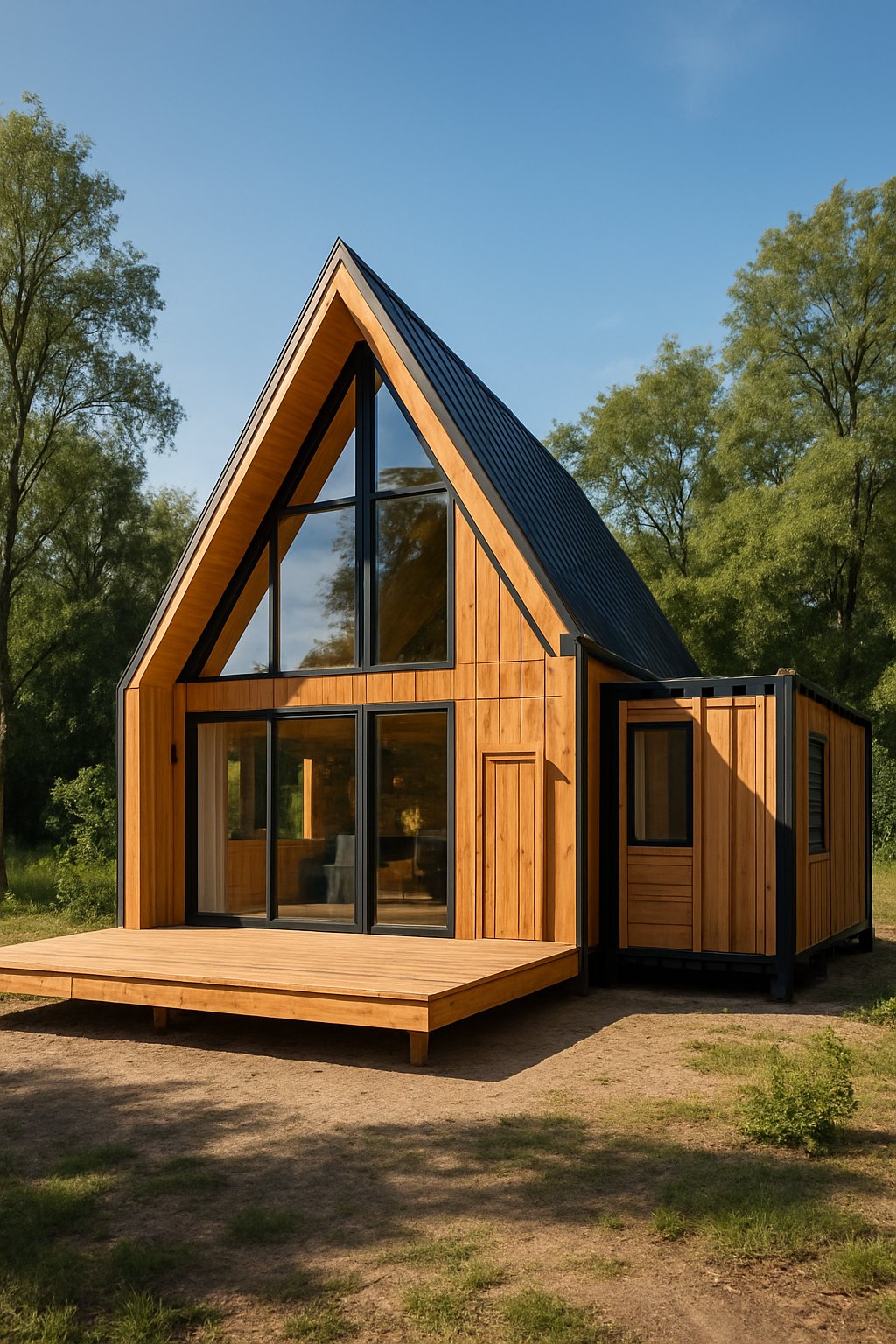 A Frame Wooden Homes Modular Triangle Houses Prefab Mobile Container House Triangle Camper: 7 Innovative Designs 3 A triangular wooden A-frame house surrounded by trees and greenery under a clear blue sky.
