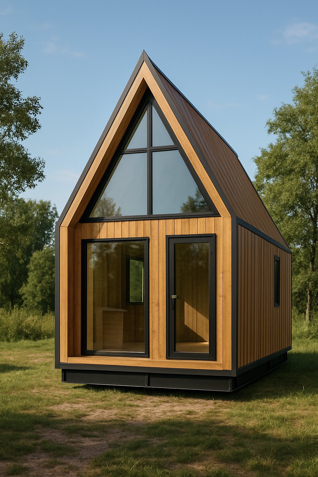 A Frame Wooden Homes Modular Triangle Houses Prefab Mobile Container House Triangle Camper: 7 Innovative Designs 4 A wooden A-frame triangular house surrounded by trees and grass under a clear sky.