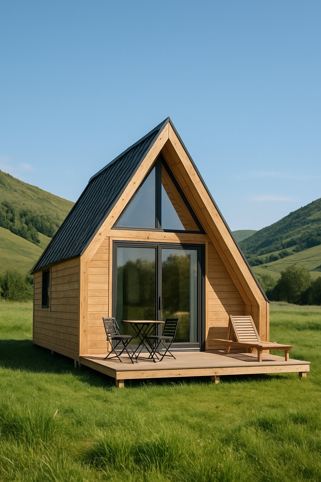 A Frame Wooden Homes Modular Triangle Houses Prefab Mobile Container House Triangle Camper: 7 Innovative Designs 5 A wooden A-frame house with large windows in a green valley with hills and a clear sky.