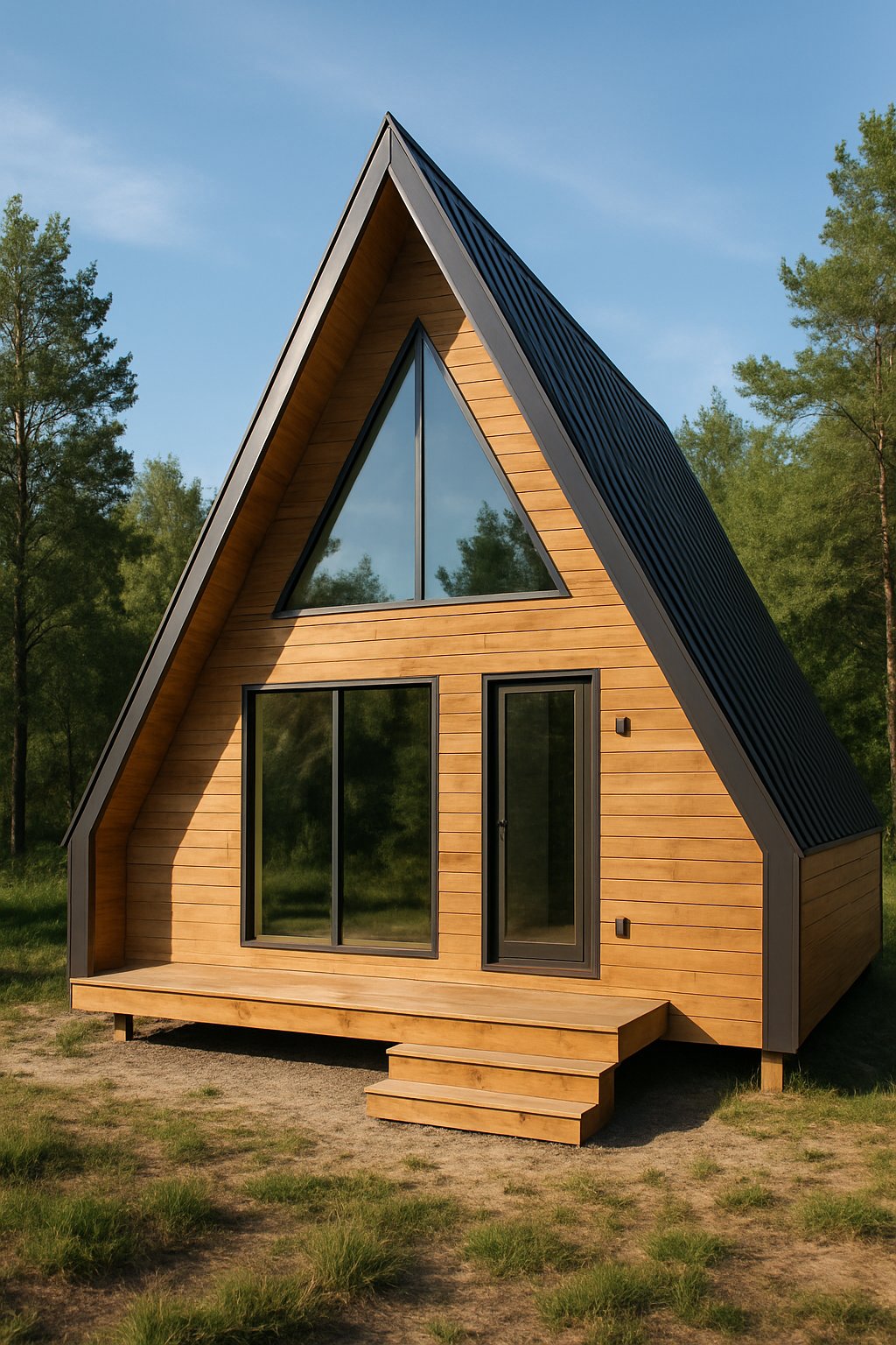 A Frame Wooden Homes Modular Triangle Houses Prefab Mobile Container House Triangle Camper: 7 Innovative Designs 6 A modern wooden A-frame triangle house cabin surrounded by trees under a clear blue sky.