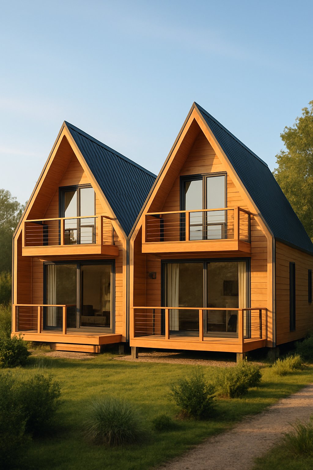A Frame Wooden Homes Modular Triangle Houses Prefab Mobile Container House Triangle Camper: 7 Innovative Designs 7 Two modern wooden A-frame houses with triangular roofs surrounded by greenery under a clear sky.