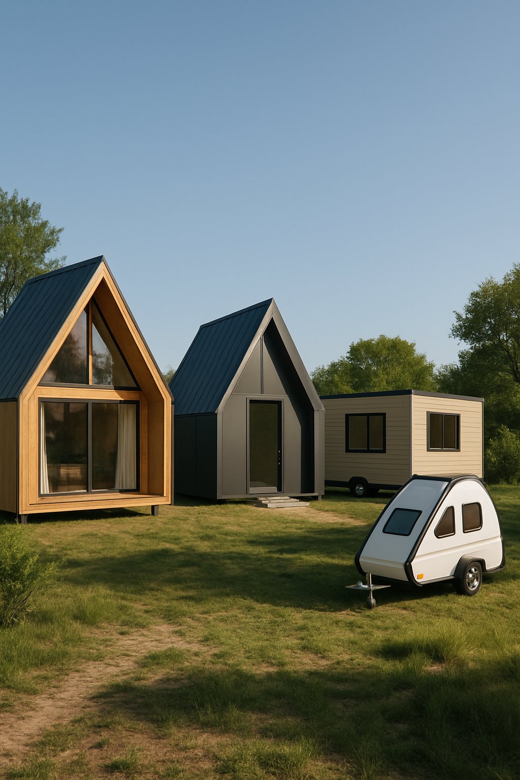 A Frame Wooden Homes Modular Triangle Houses Prefab Mobile Container House Triangle Camper: 7 Innovative Designs 11 A group of modern modular homes including an A-frame wooden house, a triangular prefab house, a mobile container house, and a triangle-shaped camper in a grassy outdoor setting.