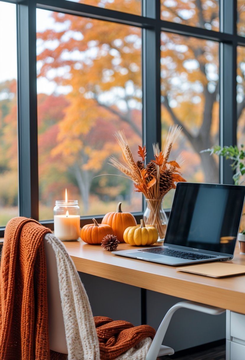 18 Fall Office Decor Ideas 2025 To Refresh Your Workspace 2 An office desk decorated with pumpkins, fall leaves, pinecones, a knitted blanket on a chair, a laptop, and a coffee cup, with sunlight coming through a window showing autumn trees outside.