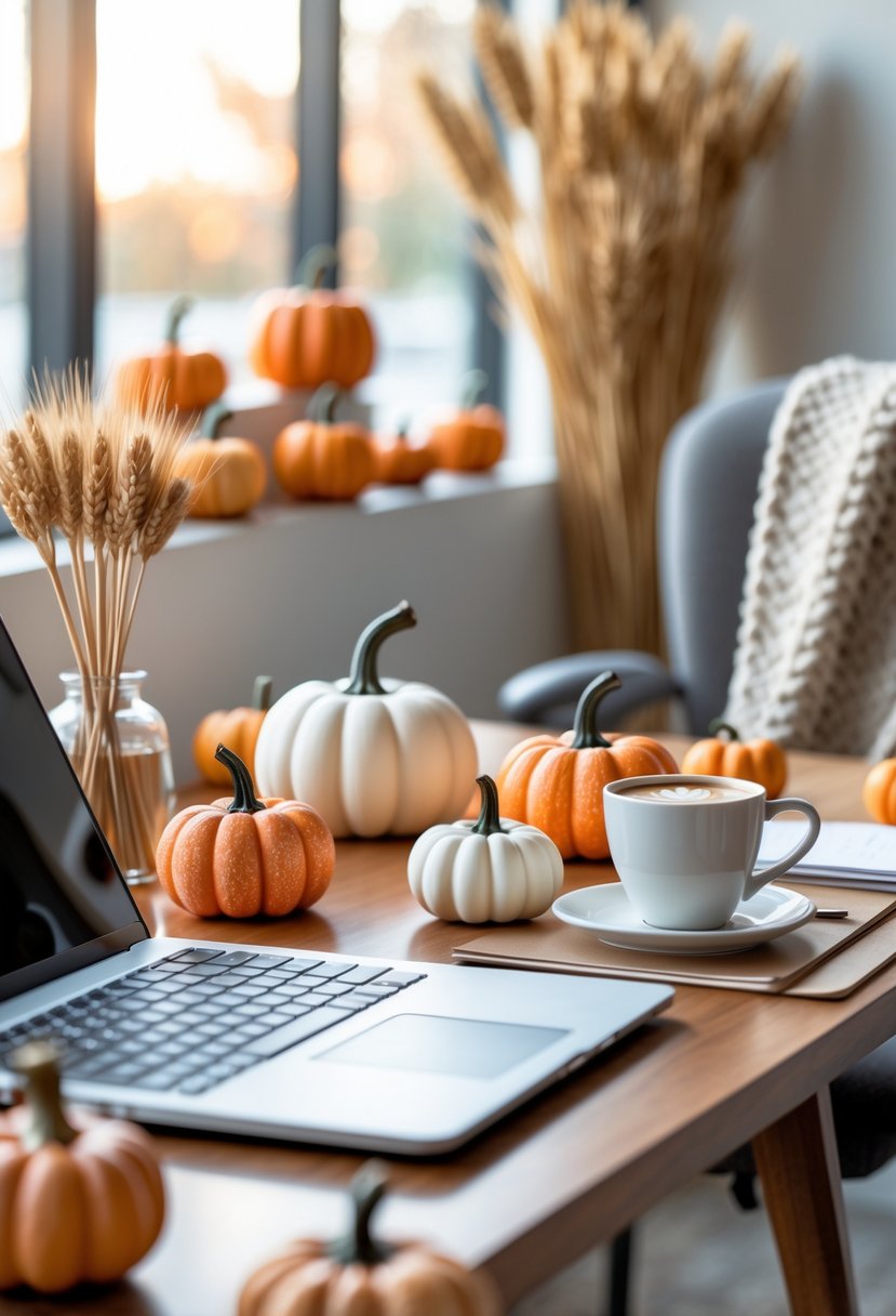 18 Fall Office Decor Ideas 2025 To Refresh Your Workspace 3 Office desk decorated with pumpkin-themed accessories including small pumpkins, pens, and a notebook, alongside a laptop and coffee cup.