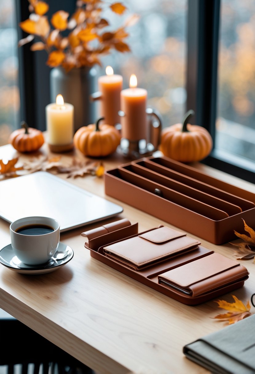 18 Fall Office Decor Ideas 2025 To Refresh Your Workspace 8 A desk with rust-colored organizers, a laptop, notebook, coffee cup, and fall-themed decorations including small pumpkins and dried leaves.