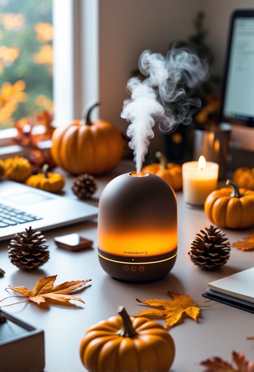 18 Fall Office Decor Ideas 2025 To Refresh Your Workspace 10 An office desk decorated with a pumpkin spice diffuser, small pumpkins, fall leaves, and office supplies in a warm autumn setting.