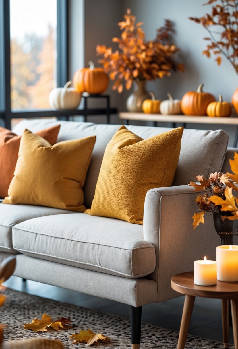 18 Fall Office Decor Ideas 2025 To Refresh Your Workspace 14 A modern office seating area with a sofa decorated with orange and mustard yellow pillows and autumn-themed decor on a side table.