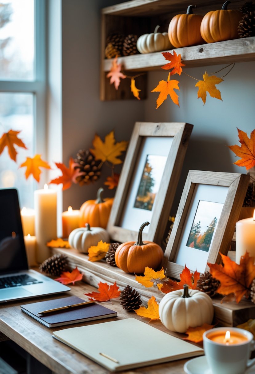 18 Fall Office Decor Ideas 2025 To Refresh Your Workspace 16 A desk with rustic wooden photo frames surrounded by autumn leaves, pumpkins, and candles in a cozy office setting.