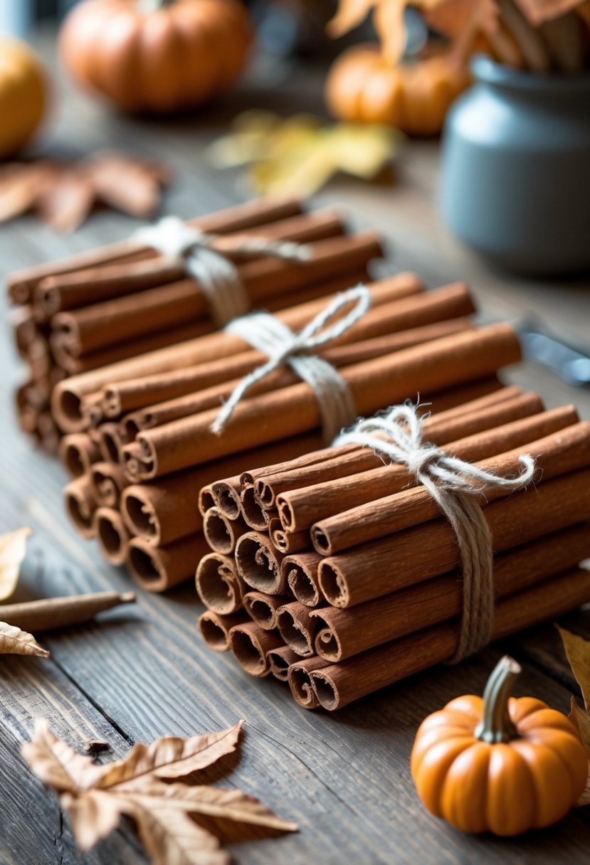 18 Fall Office Decor Ideas 2025 To Refresh Your Workspace 19 Bundles of cinnamon sticks tied with twine placed on a wooden surface with fall-themed office decor in the background.