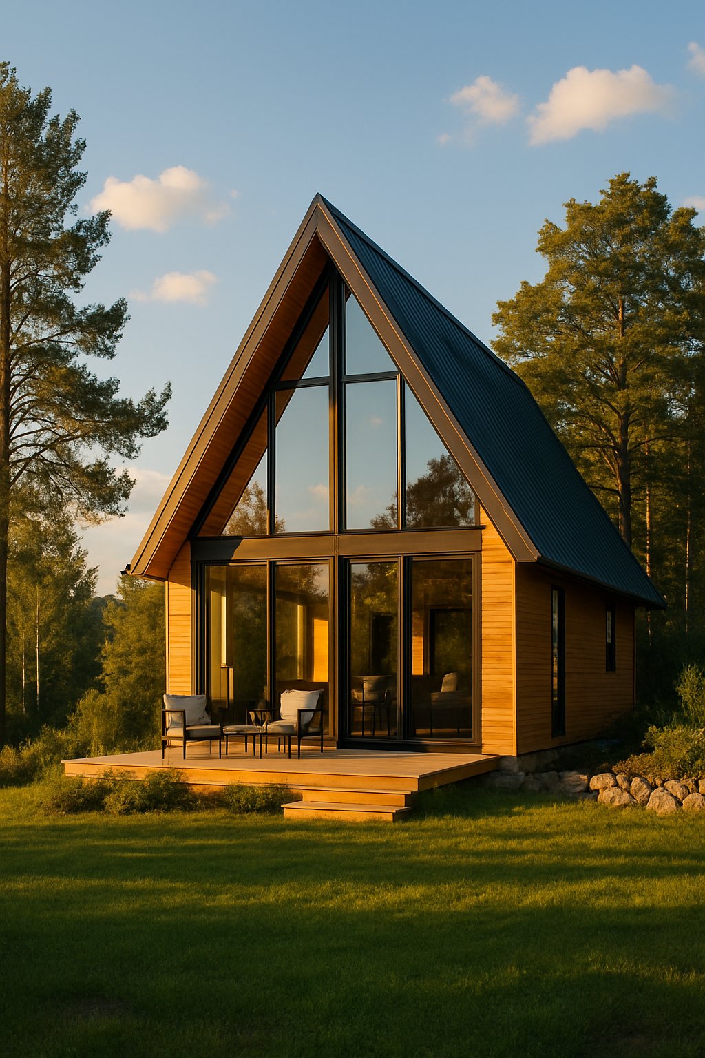 10 Best Prefab A-Frame House Kits For Any Budget And Lifestyle 2 A modern A-frame house with large windows and a steep roof surrounded by trees and greenery under a clear sky.