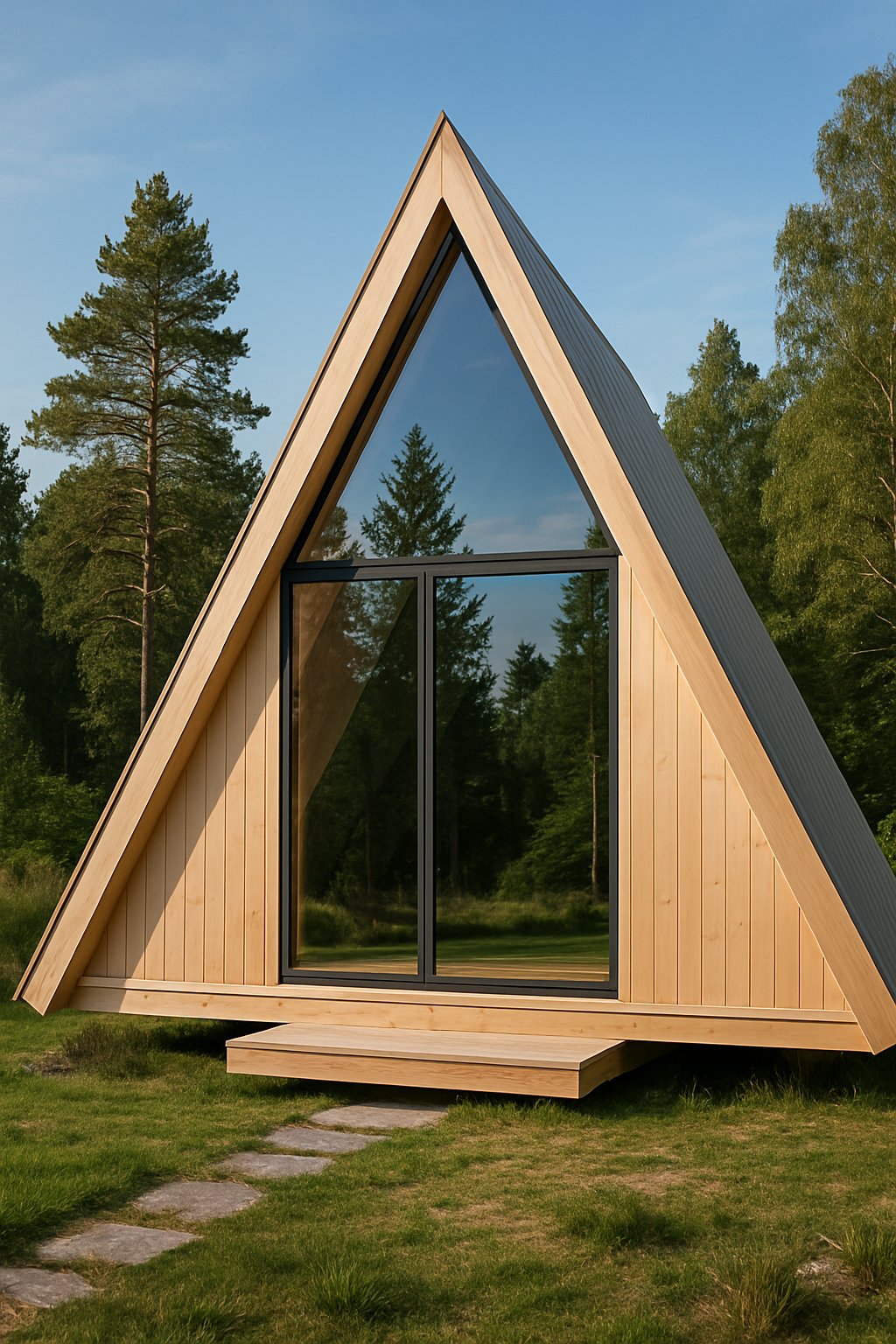 10 Best Prefab A-Frame House Kits For Any Budget And Lifestyle 12 A modern A-frame cabin with large windows surrounded by trees and grass under a clear blue sky.