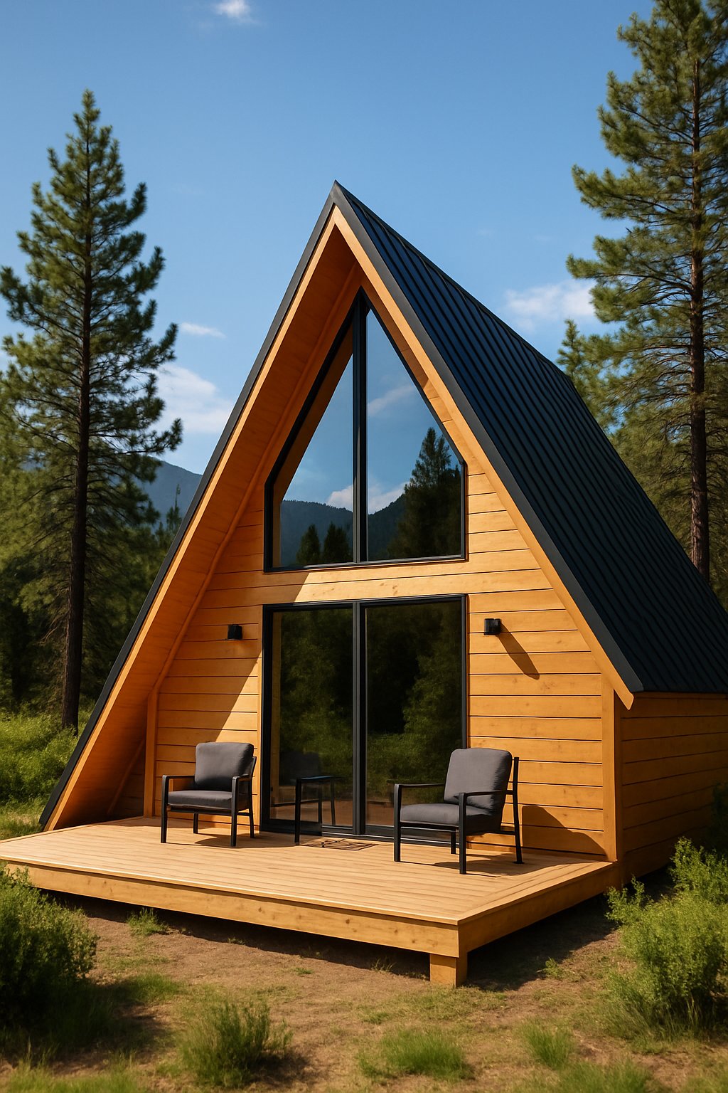 10 Best Prefab A-Frame House Kits For Any Budget And Lifestyle 13 A modern A-frame cabin surrounded by pine trees and mountains under a clear blue sky.