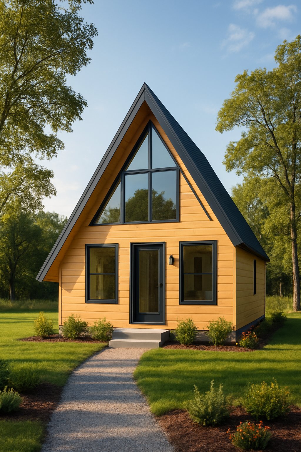 10 Best Prefab A-Frame House Kits For Any Budget And Lifestyle 14 A modern prefab A-frame house surrounded by trees and greenery under a clear blue sky.