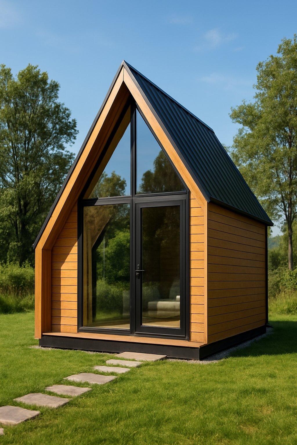 10 Best Prefab A-Frame House Kits For Any Budget And Lifestyle 15 A small A-frame house with wooden exterior and large windows surrounded by green grass and trees under a clear sky.