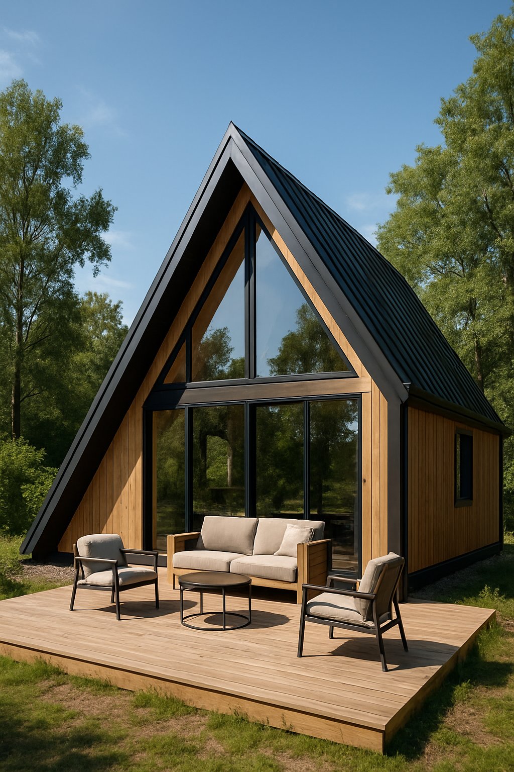 10 Best Prefab A-Frame House Kits For Any Budget And Lifestyle 17 A modern A-frame prefab house with large windows and a wooden deck surrounded by trees under a clear sky.