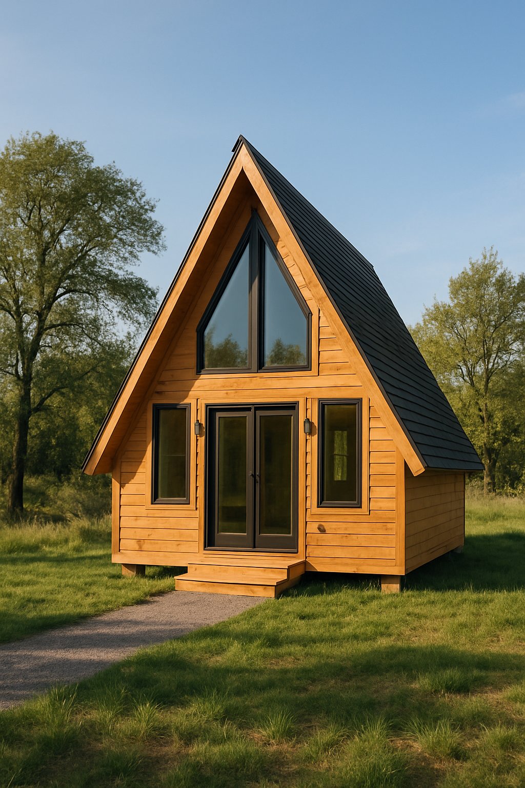 10 Best Prefab A-Frame House Kits For Any Budget And Lifestyle 20 A small wooden A-frame house with large windows surrounded by grass and trees under a clear sky.