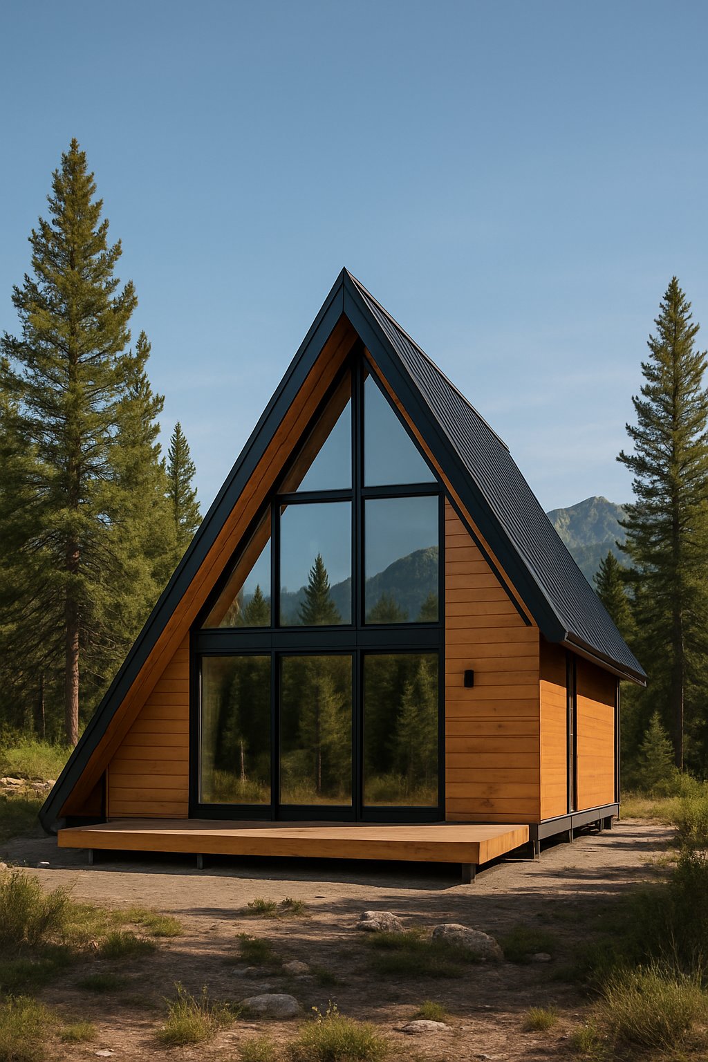 10 Best Prefab A-Frame House Kits For Any Budget And Lifestyle 21 A modern A-Frame house surrounded by pine trees and mountains under a clear blue sky.