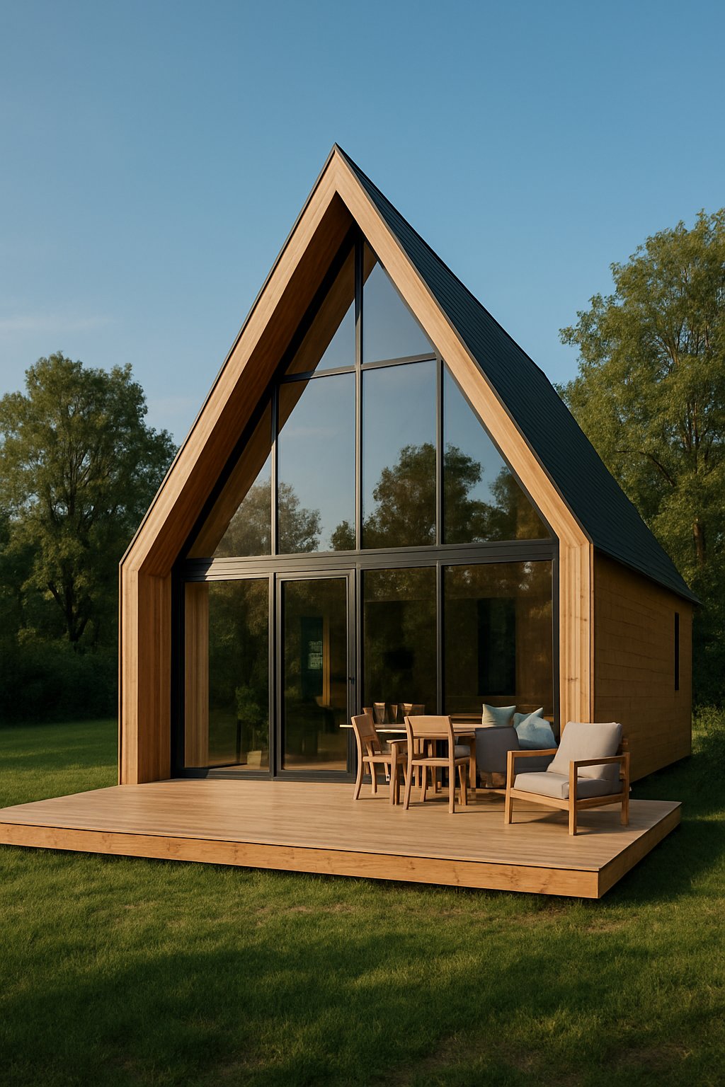 10 Best Prefab A-Frame House Kits For Any Budget And Lifestyle 24 A modern A-frame house with large windows and wooden exterior surrounded by trees and grass under a clear sky.