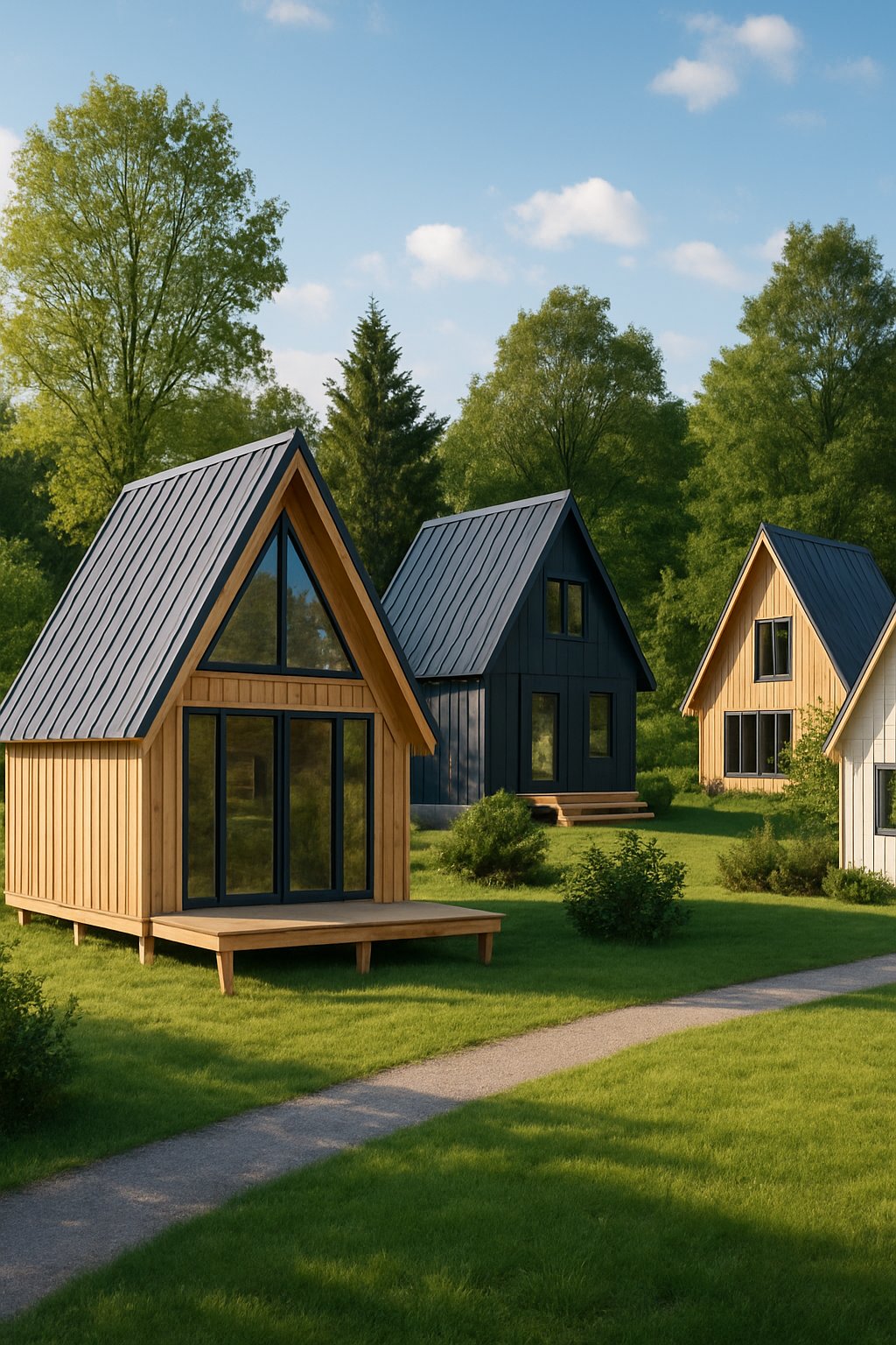 10 Best Prefab A-Frame House Kits For Any Budget And Lifestyle 28 A group of modern A-frame houses in a green outdoor setting with trees and a clear sky.