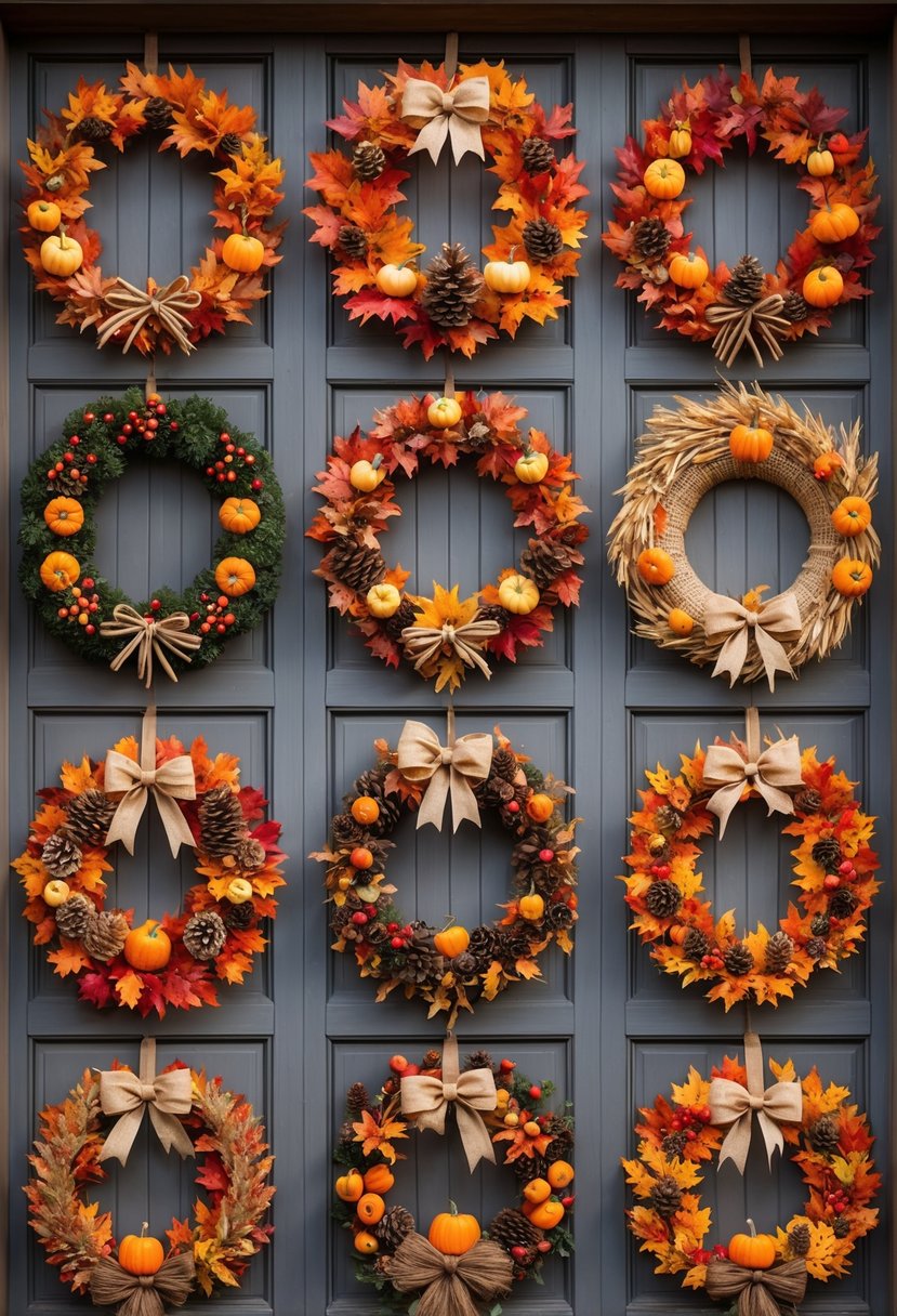 A display of 15 different fall wreaths decorated with autumn leaves, pinecones, pumpkins, and berries on front doors and a wooden wall.