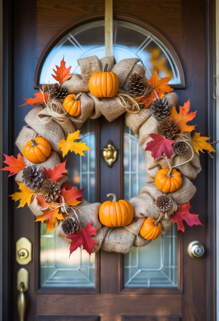 A rustic fall wreath made of burlap, small pumpkins, autumn leaves, and pinecones hanging on a wooden front door.