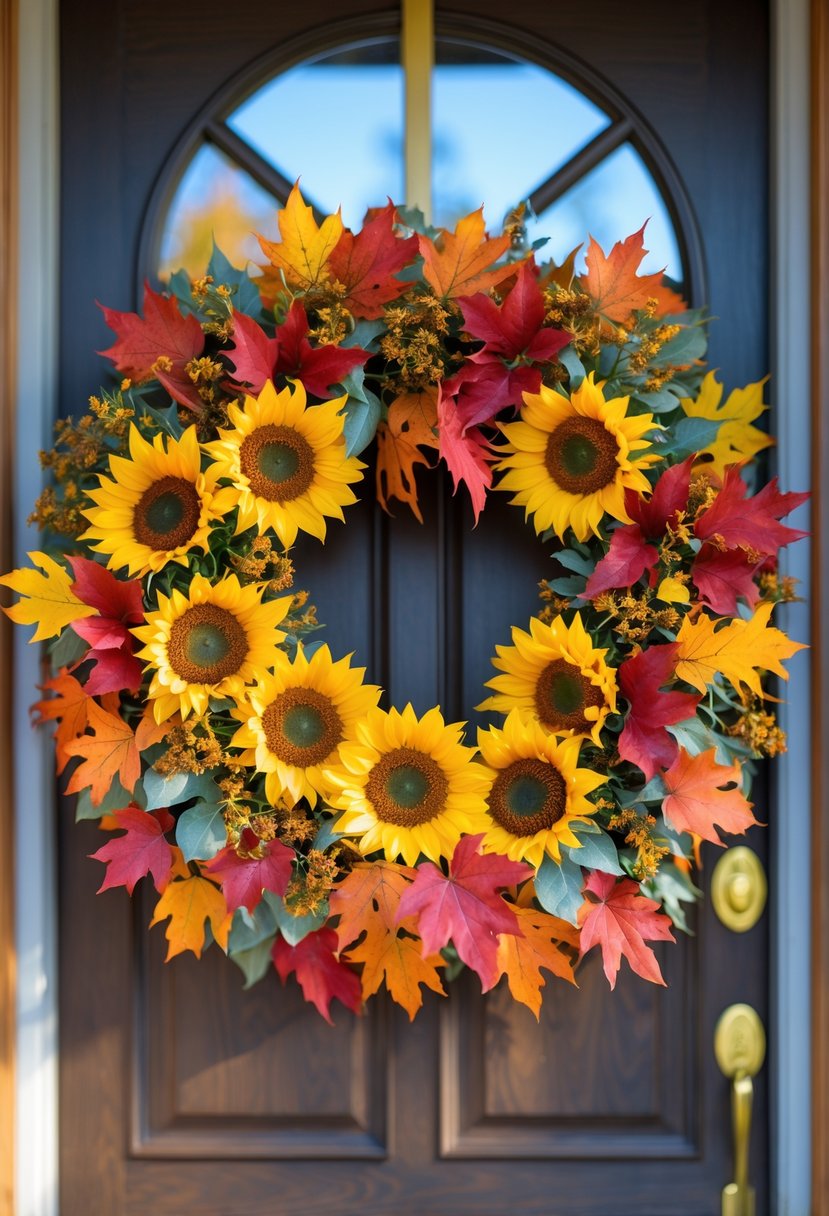 A colorful fall wreath made of sunflowers and maple leaves hanging on a door.