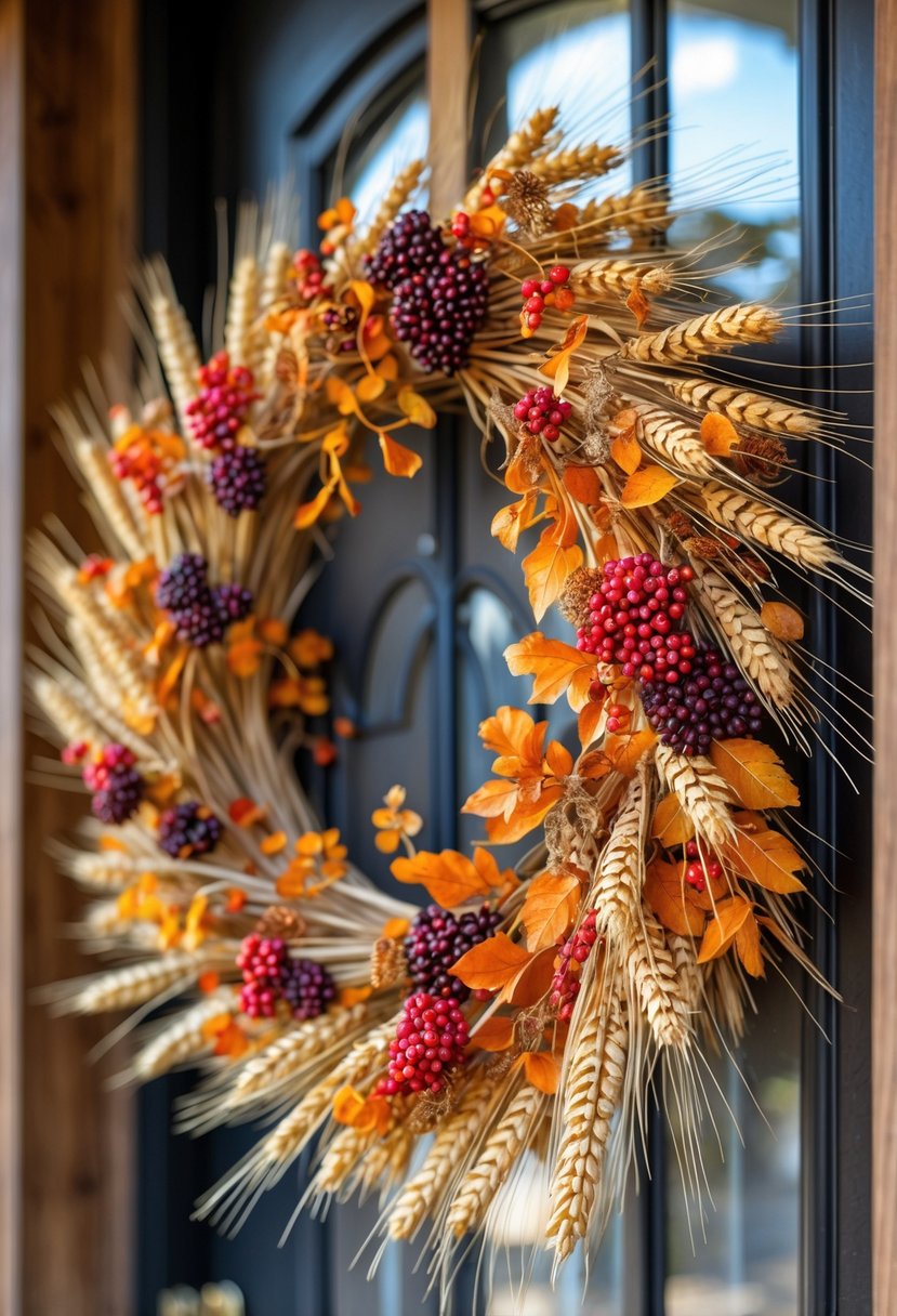 A circular autumn wreath made of dried wheat and red berries hanging on a front door.