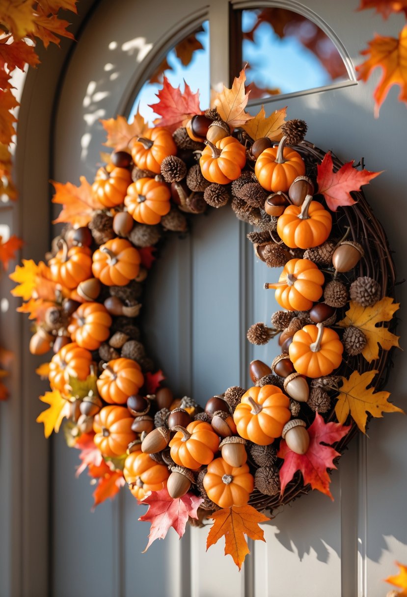 A fall wreath made of mini pumpkins, acorns, and autumn leaves hanging on a door.