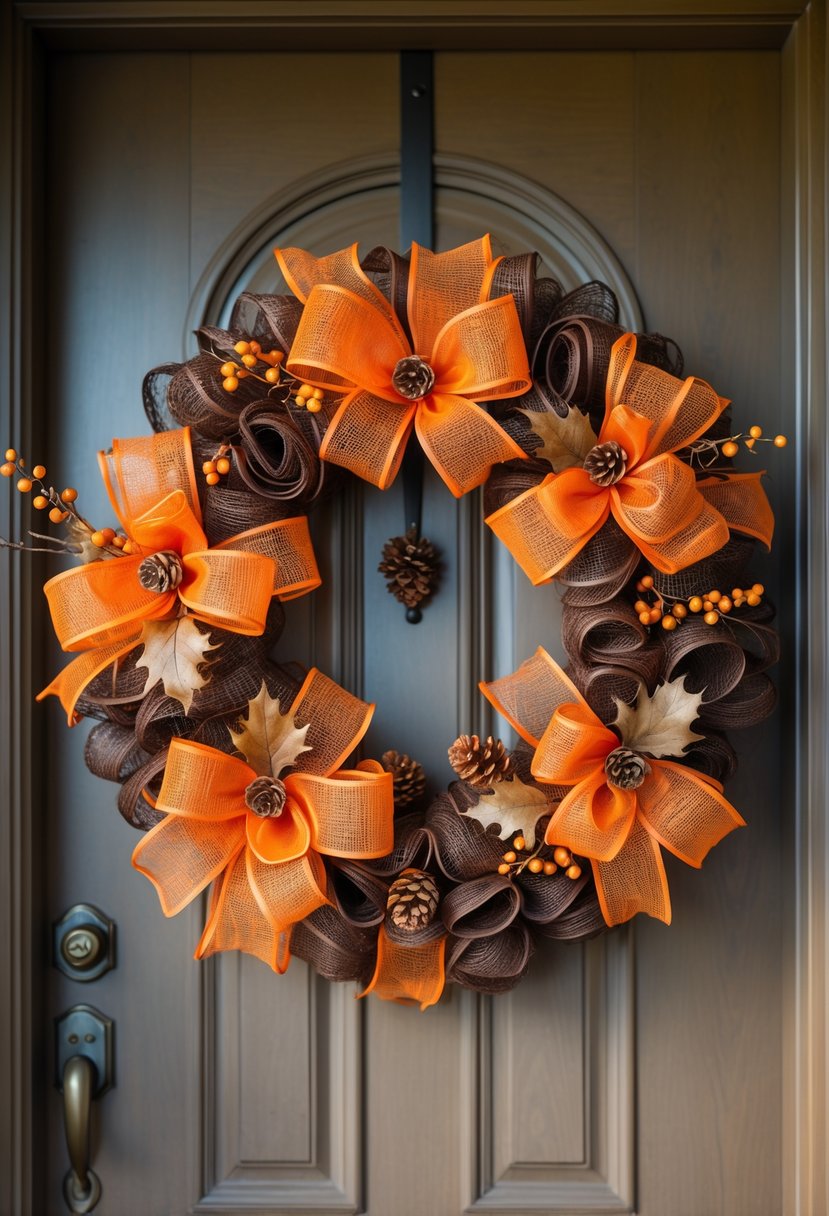 A fall wreath made of orange and brown mesh with pine cones and dried leaves hanging on a wooden front door.
