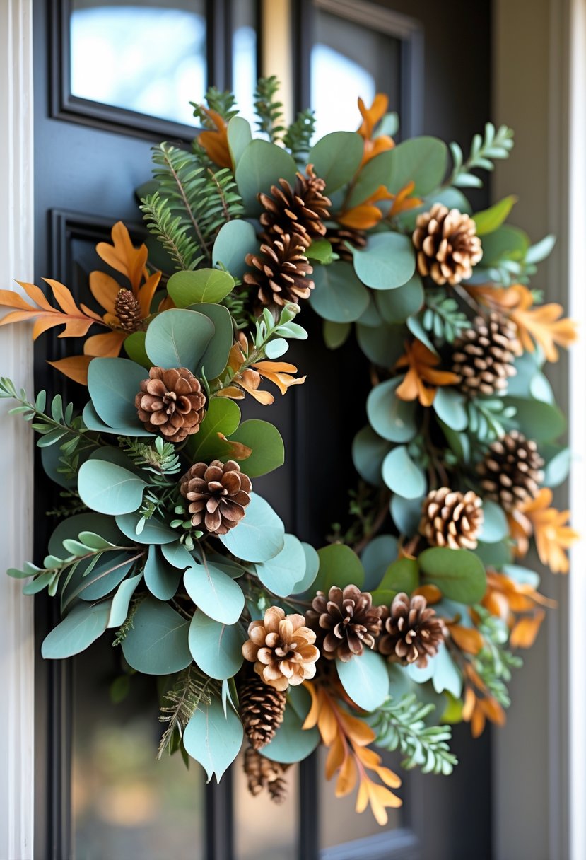 A fall wreath made of eucalyptus leaves and pine cones hanging on a door.