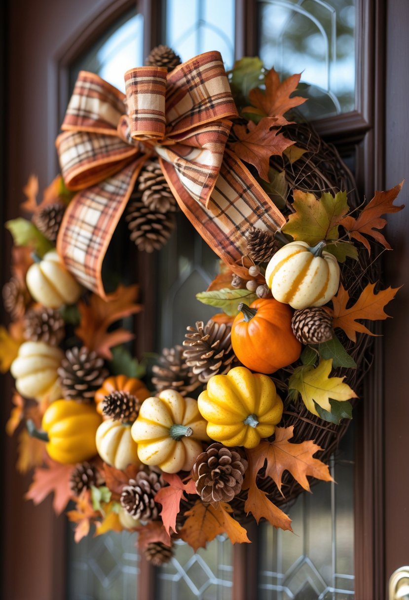 A fall wreath decorated with small gourds, autumn leaves, pinecones, and a plaid ribbon hanging on a front door.