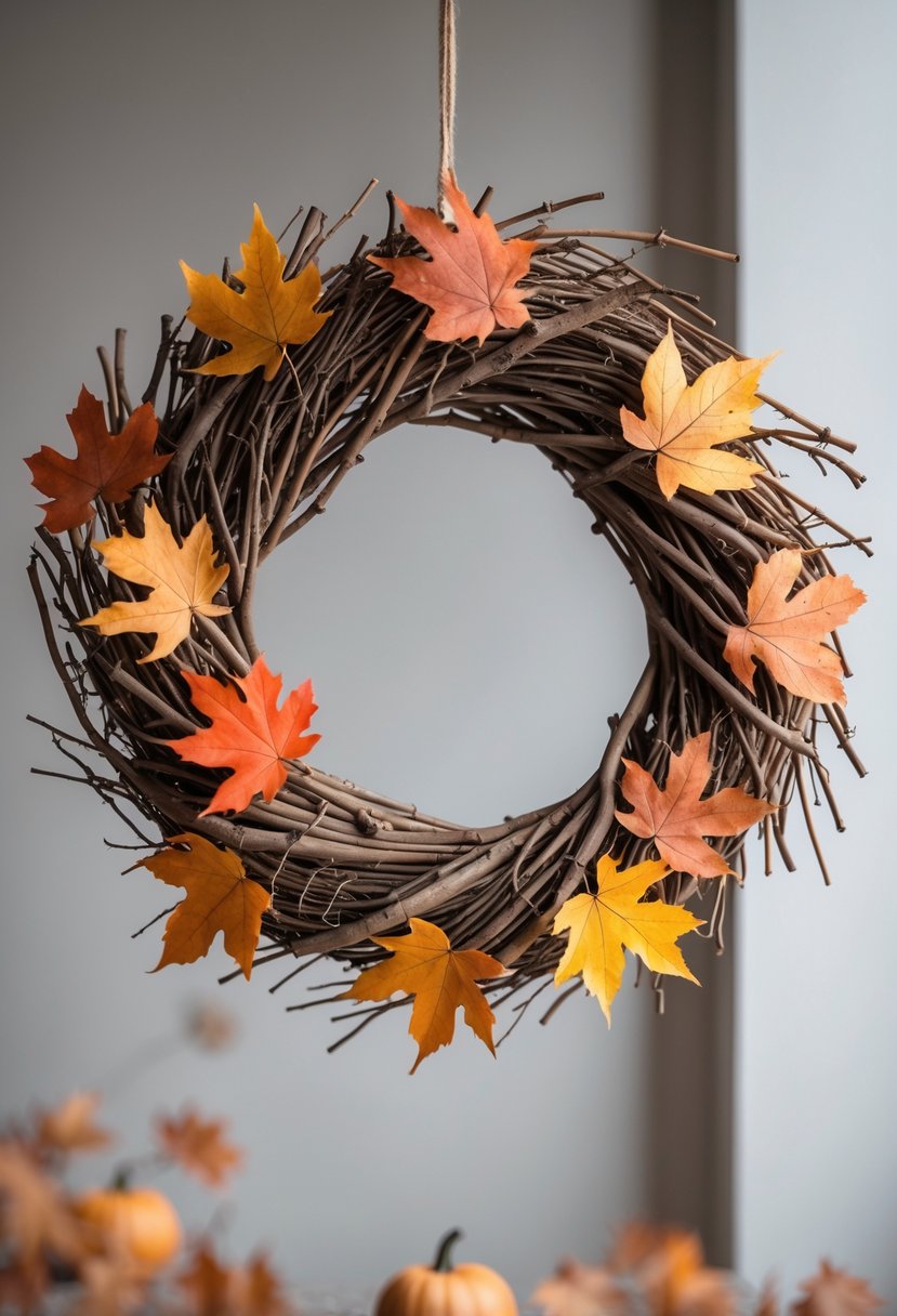 A circular wreath made of twigs and colorful autumn leaves in shades of orange, red, and yellow.
