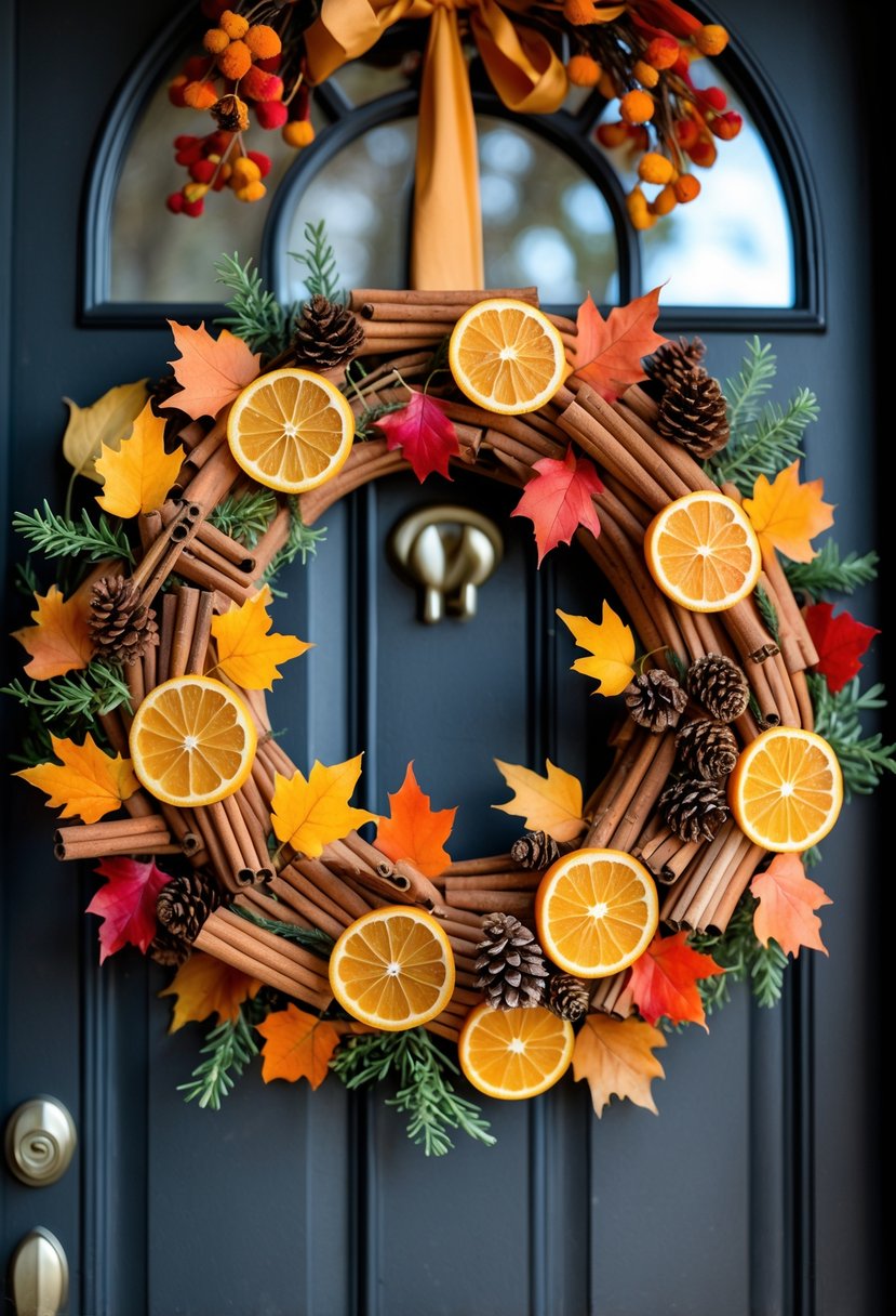 A front door wreath made of cinnamon sticks, orange slices, pine cones, dried leaves, and greenery.