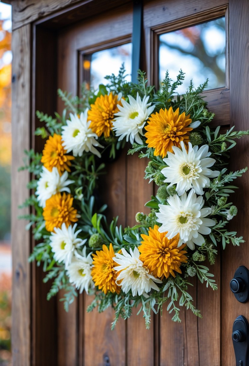 A fall wreath made of golden yellow and white flowers hanging on a wooden front door.