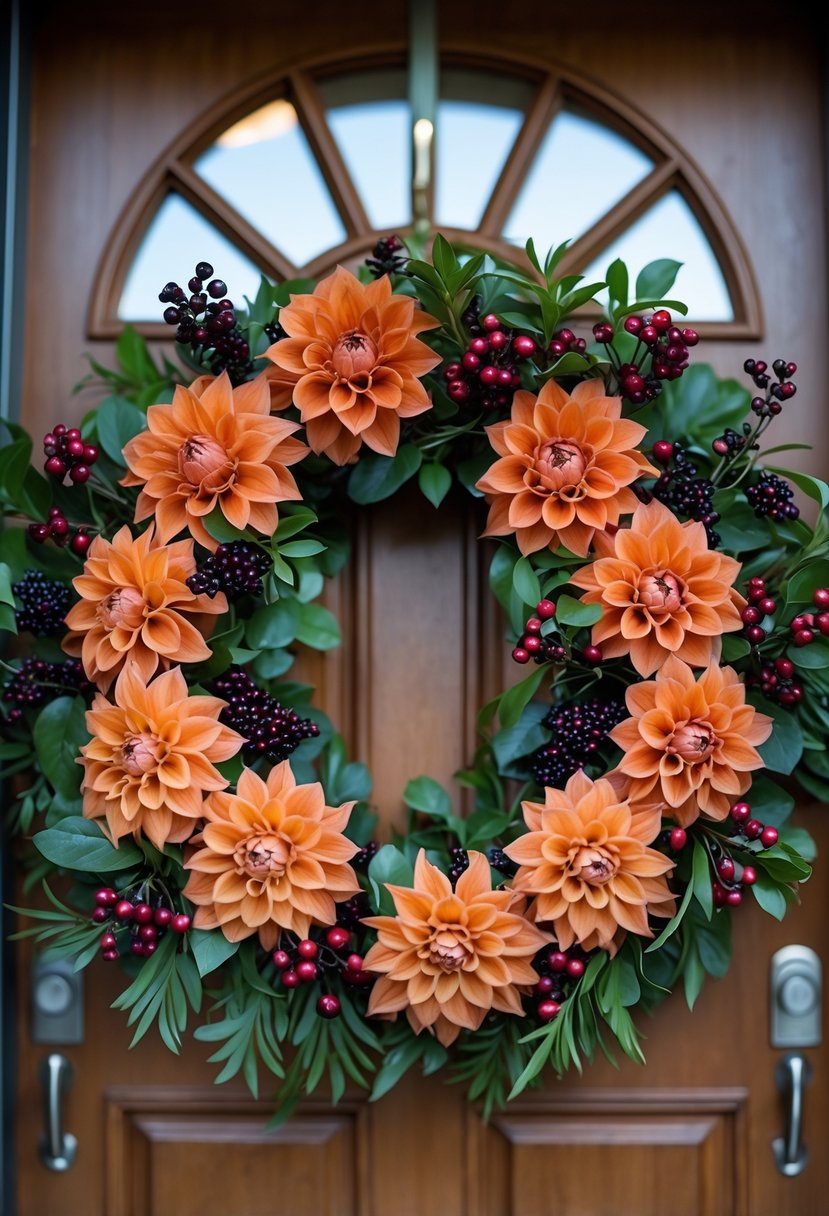 A fall wreath made of rust orange dahlias and berries hanging on a front door.