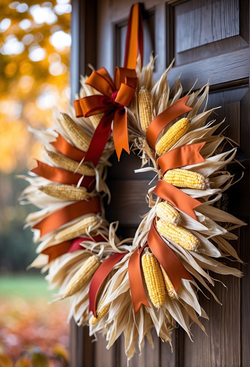 A fall wreath made of corn husks and ribbons hanging on a wooden front door with autumn leaves in the background.