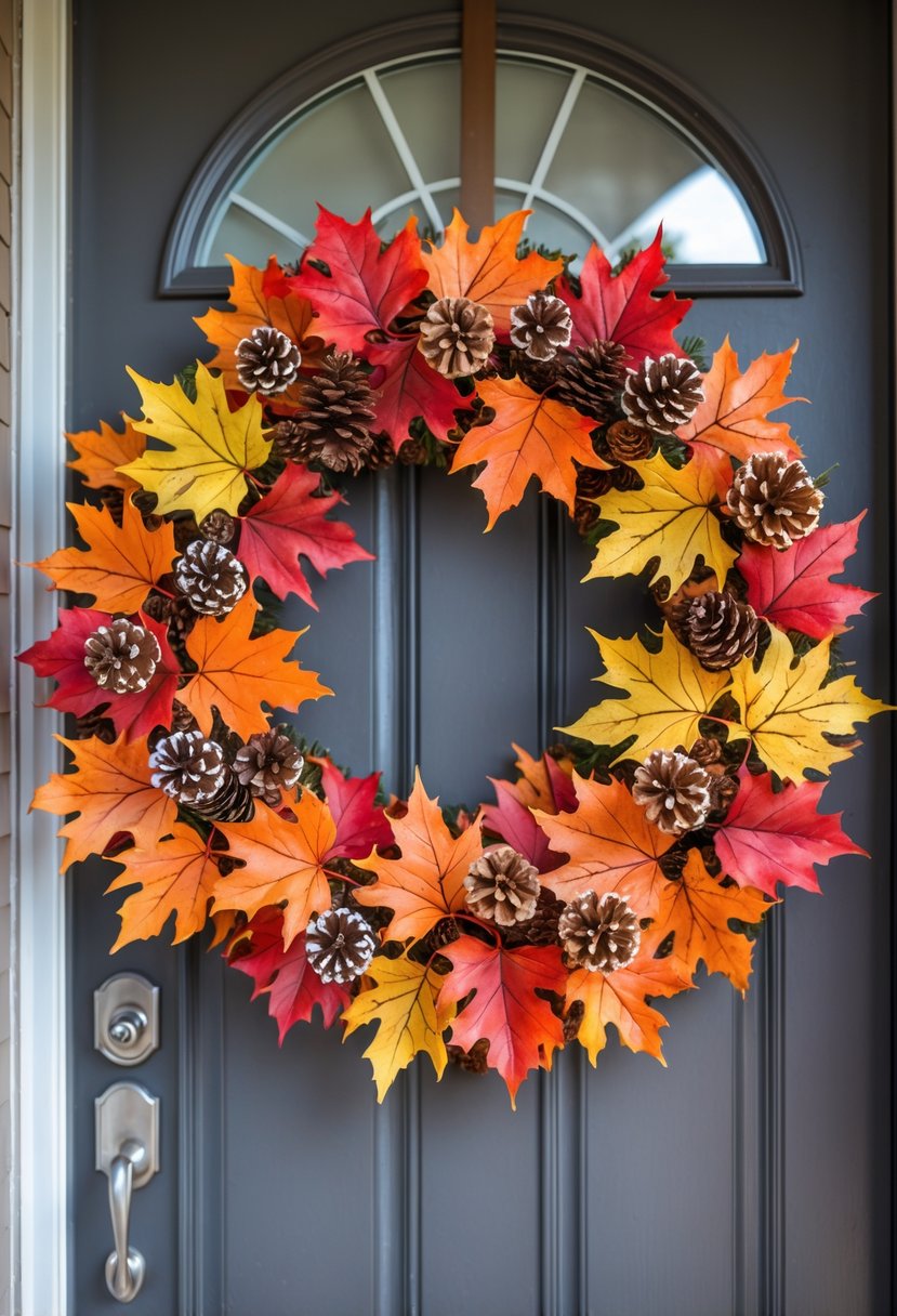 A fall wreath made of colorful faux maple leaves and pinecones hanging on a front door.