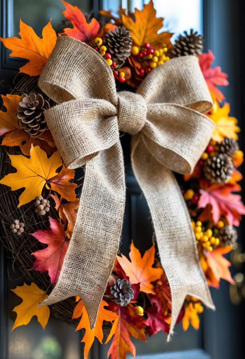 A fall wreath decorated with colorful autumn leaves and a large burlap bow.