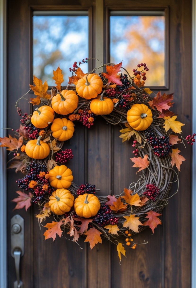 A mixed pumpkin and berry vine wreath hanging on a wooden front door with autumn leaves and natural vines.
