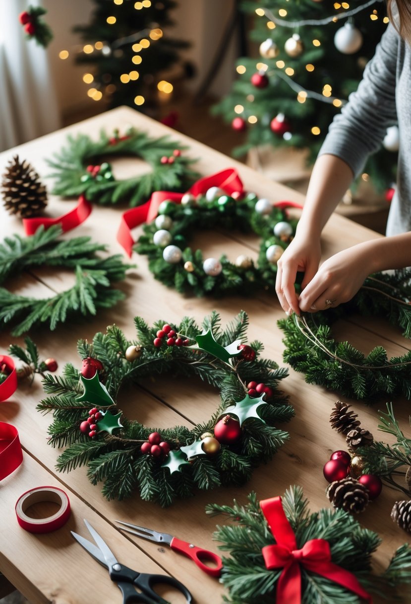 Hands assembling Christmas wreaths on a wooden table with craft supplies and holiday decorations in the background.