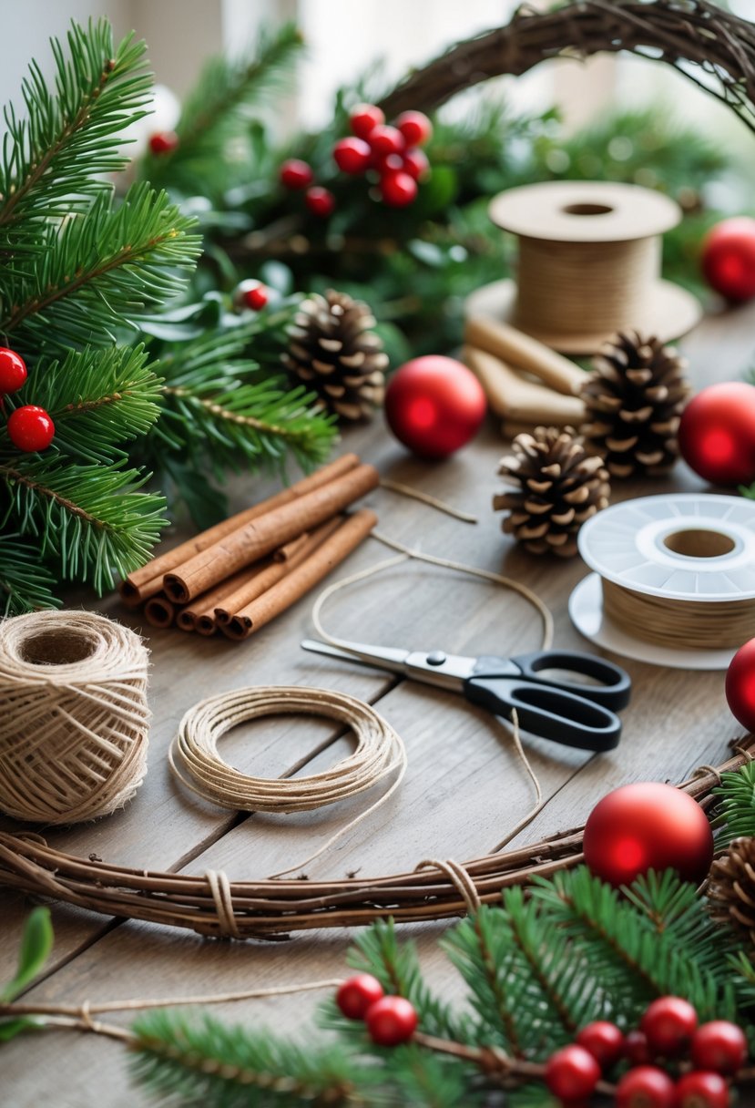 A table with Christmas wreath-making supplies including pine branches, holly, pine cones, ornaments, twine, scissors, glue gun, and a wreath frame.