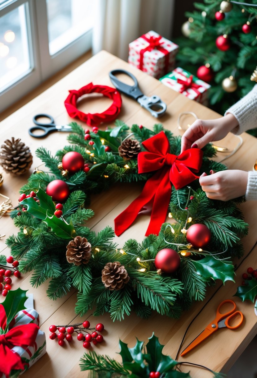 Hands making a Christmas wreath on a table with crafting supplies like pine branches, ribbons, and ornaments.