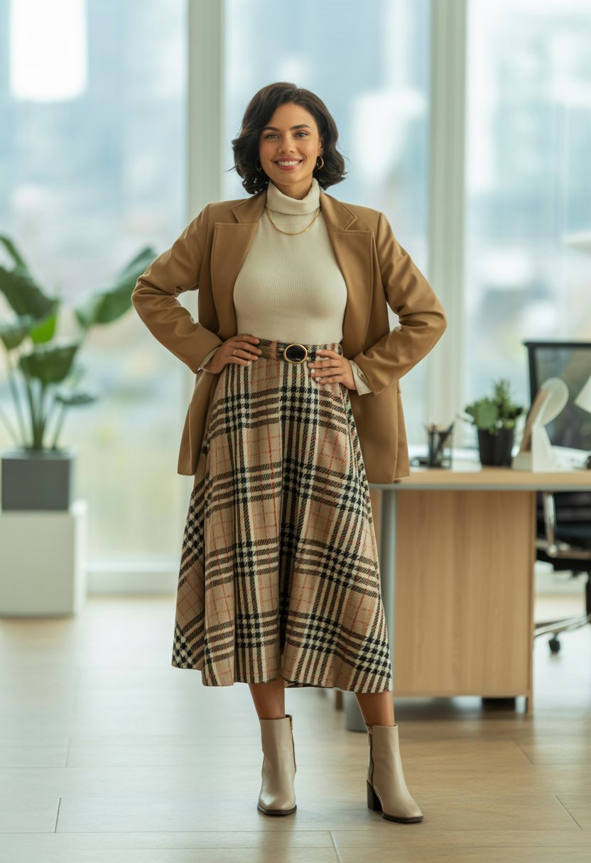 A woman standing indoors in an office wearing a plaid midi skirt and cream turtleneck sweater.