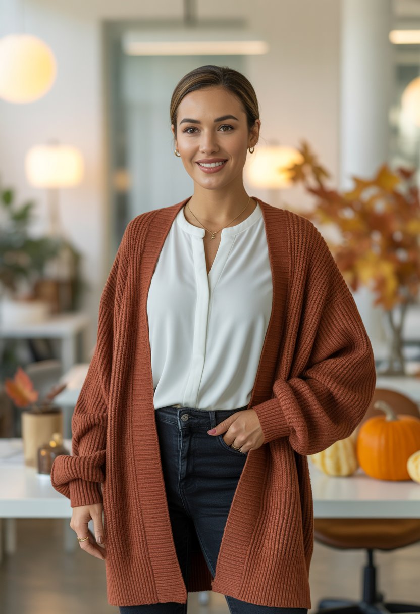 A woman standing in an office wearing a rust-colored cardigan over a white blouse and dark denim jeans.