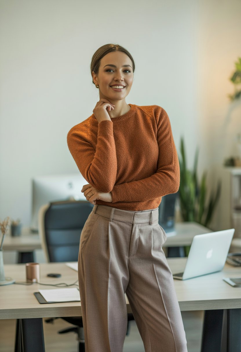 A woman standing in an office wearing high-waisted trousers and a fitted knit sweater.