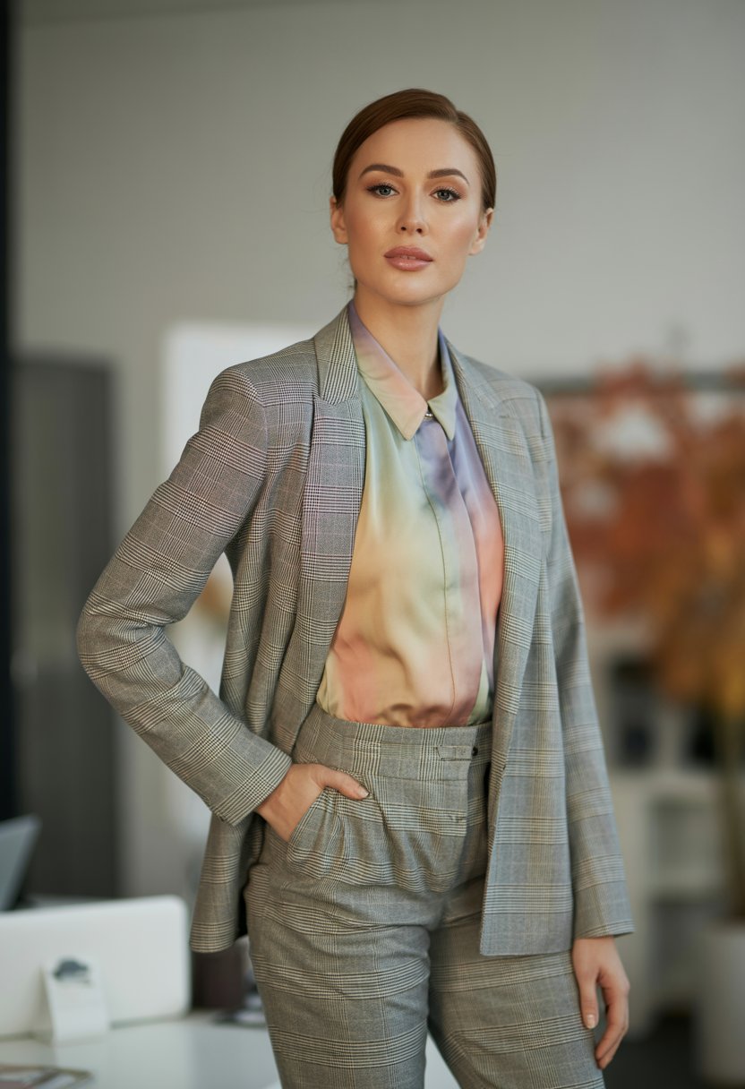 A woman standing in an office wearing a gray plaid suit and a pastel blouse.